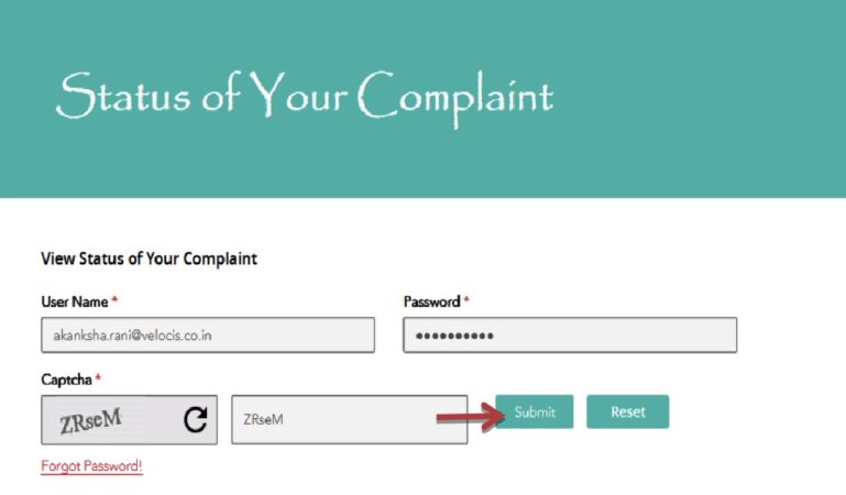 View Status of your Complaint